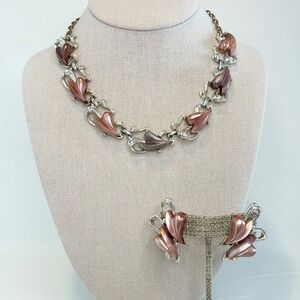 Vintage Necklace Earring Set Lucite Acrylic‎ Leaf Mauve Copper Silver Tone Retro